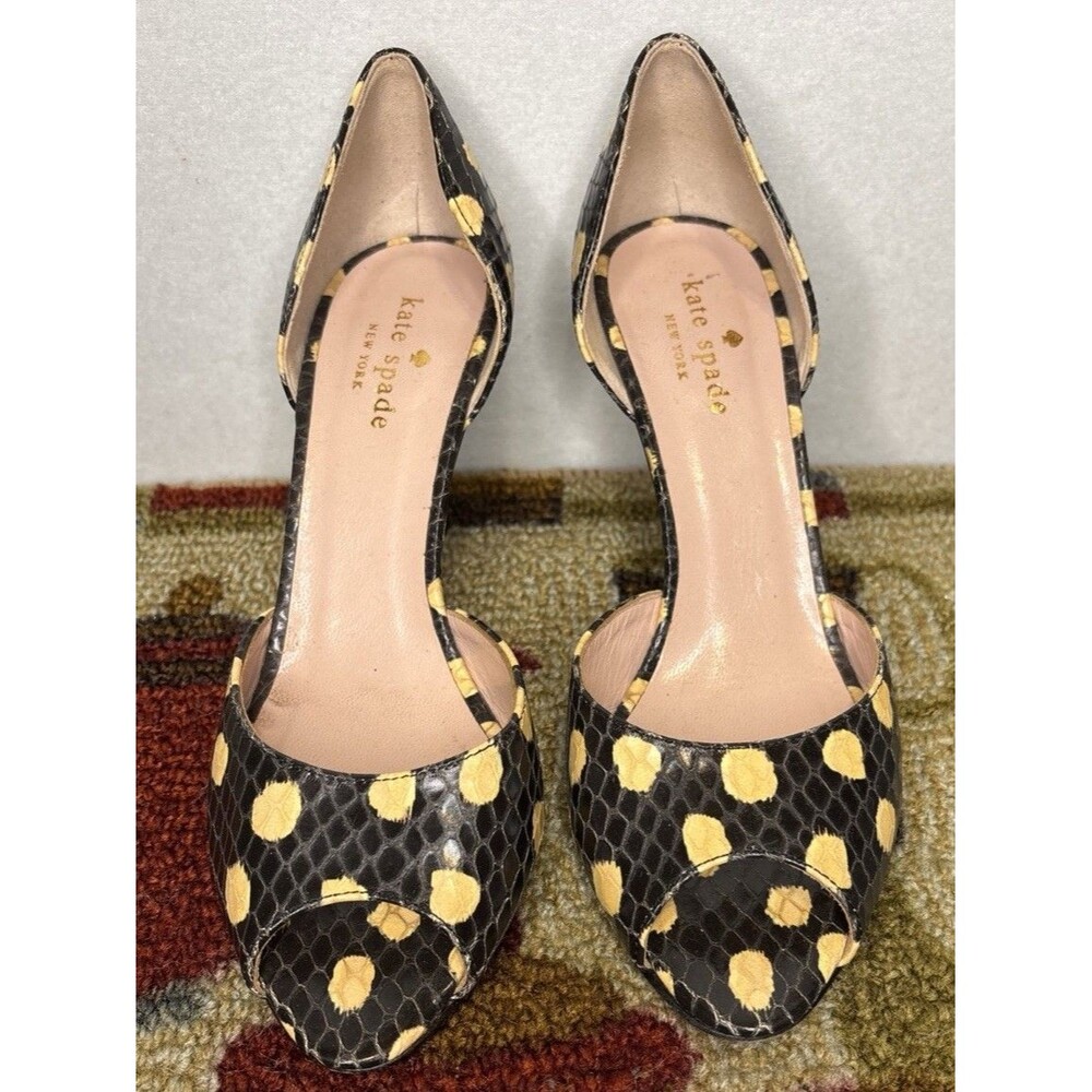 Kate Spade Sage D'Orsay peep-toe pumps black and yellow polka dot  size 7.